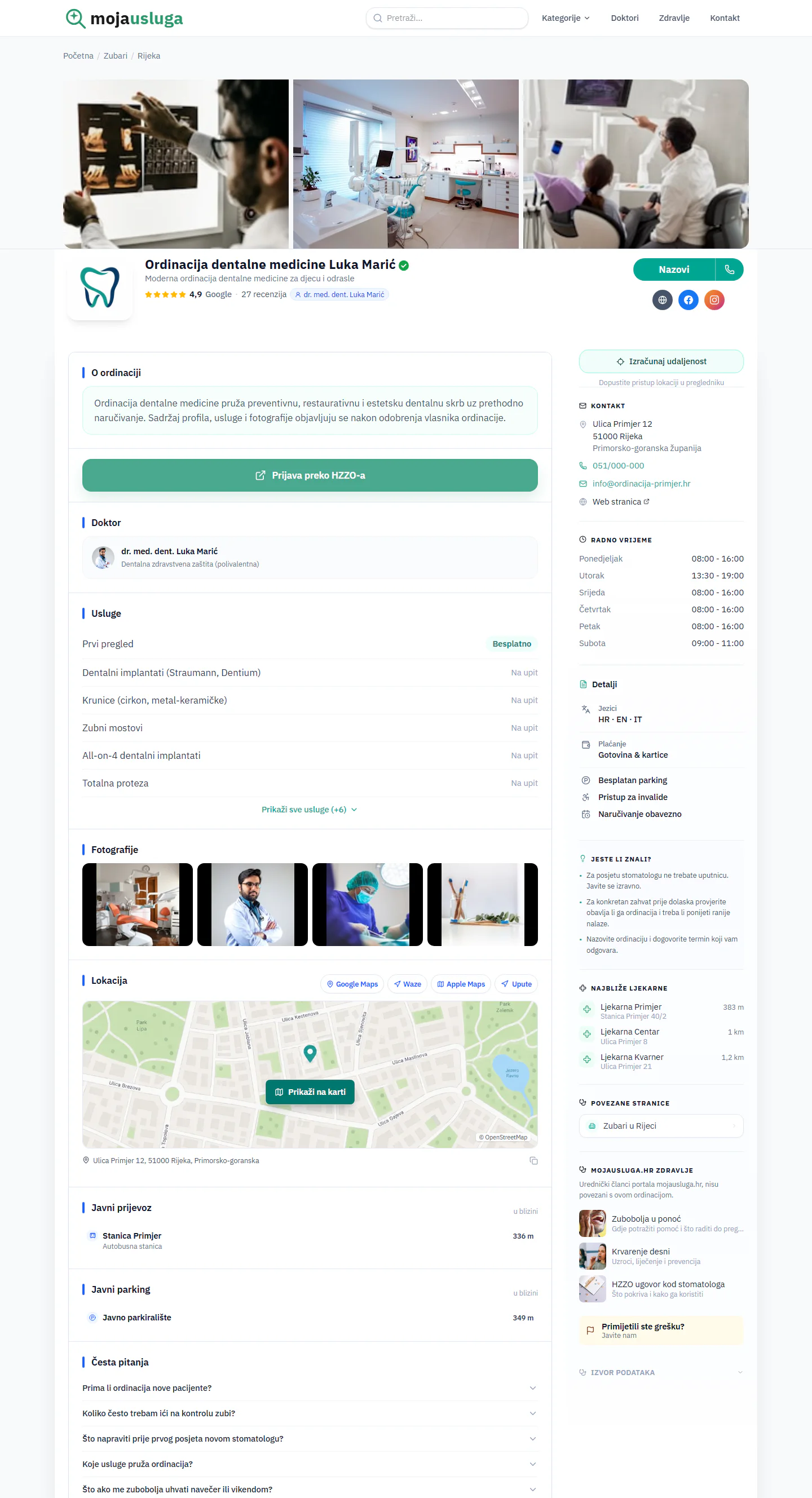 Mock screenshot of a Premium MojaUsluga dental practice profile using fictional information and photographs