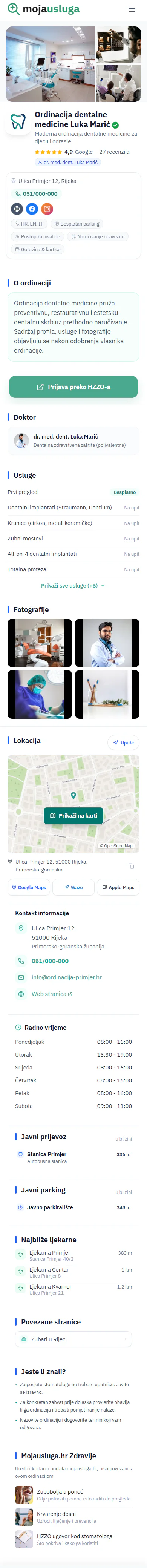 Mock screenshot of a Premium MojaUsluga dental practice profile using fictional information and photographs