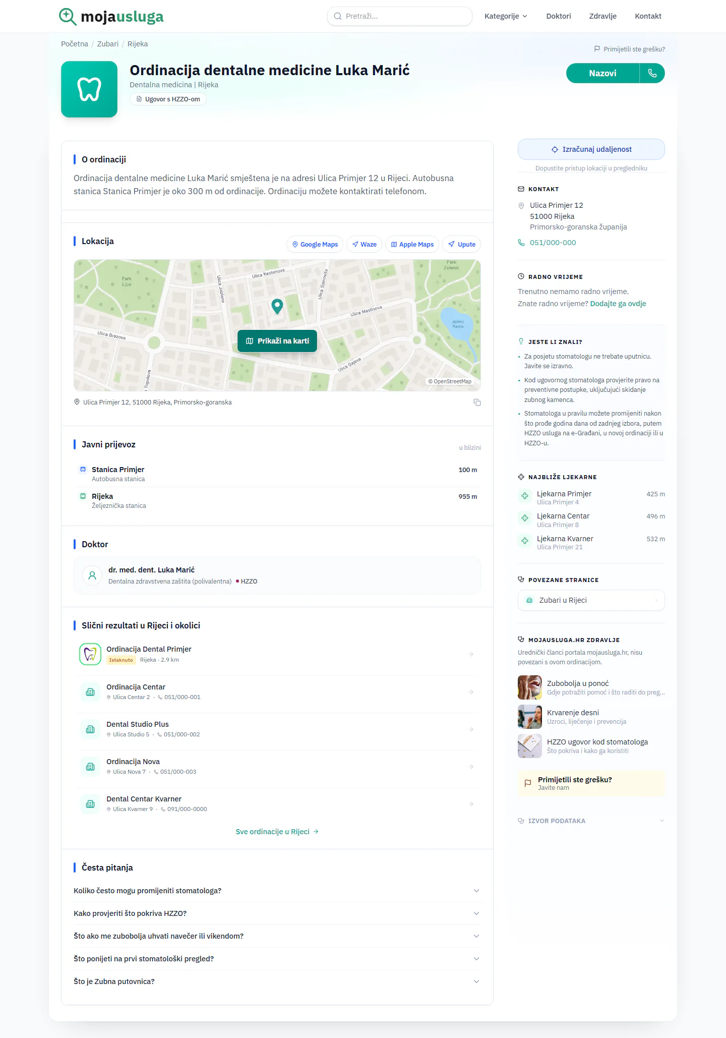 Mock screenshot of a standard MojaUsluga dental practice profile using fictional information