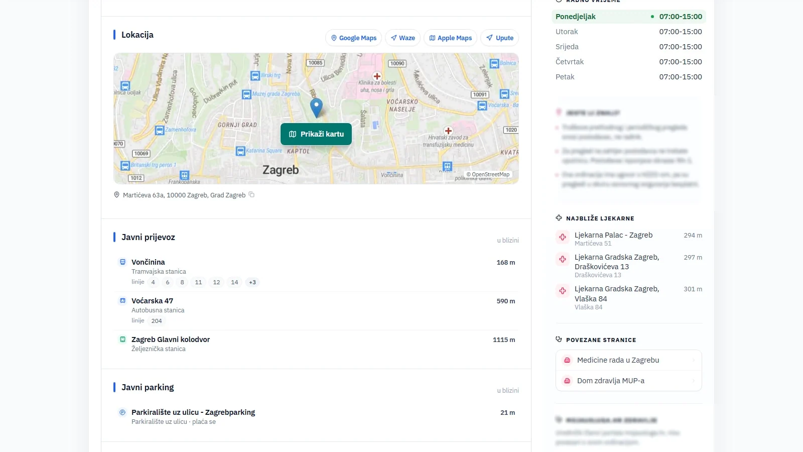 Cijela stranica ordinacije s kartom, radnim vremenom, javnim prijevozom, ljekarnama i parkingom