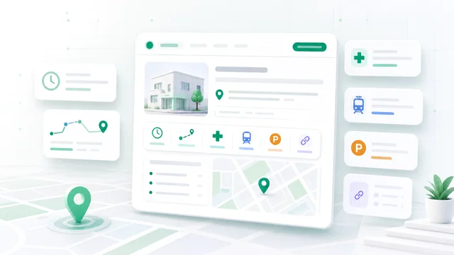 New practice pages: map, transport, pharmacies, and more context
